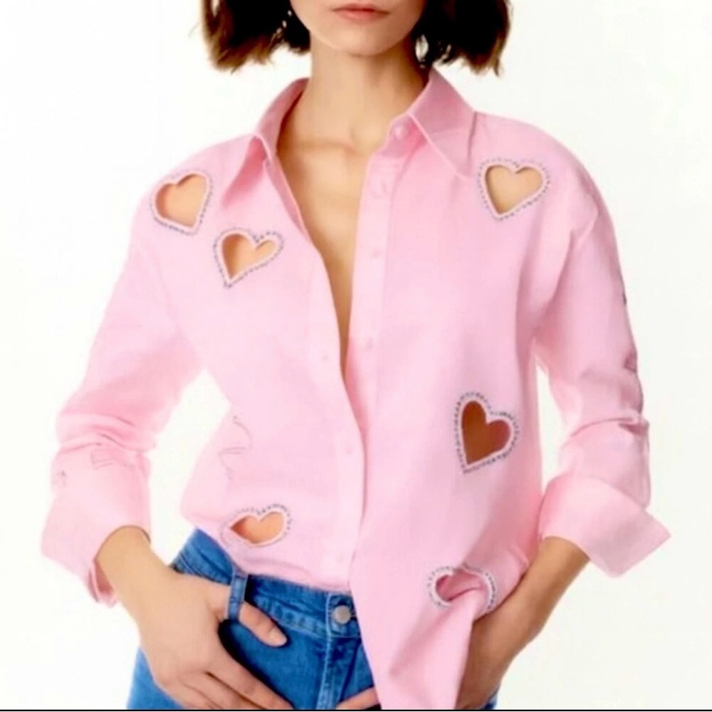 Lizette Heart Rhinestones Cutout Light Pink Button Down Shirt Size Large Sabrina